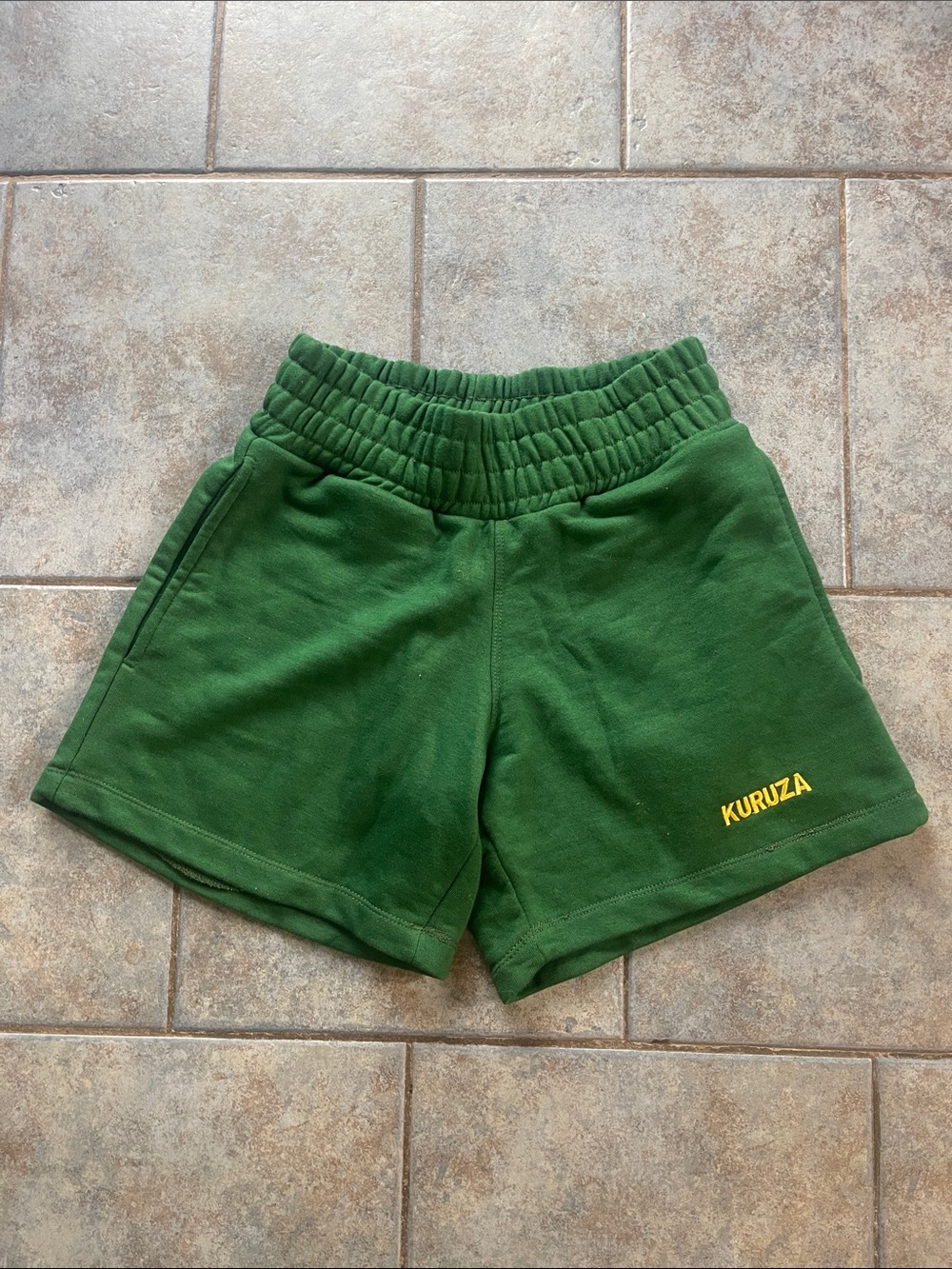 Green Ribbed Waistband Shorts with Logo Patch